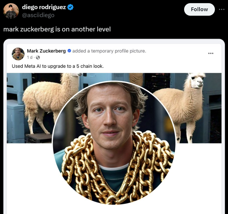 Mark Zuckerberg - diego rodriguez mark zuckerberg is on another level Mark Zuckerberg added a temporary profile picture. 1dO Used Meta Al to upgrade to a 5 chain look.